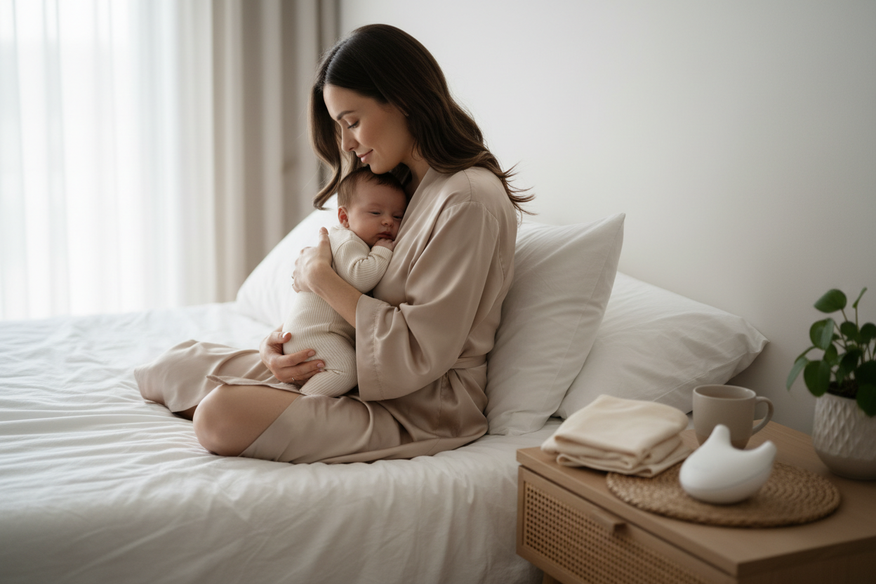 Essential postpartum recovery products for new mothers including abdominal support belt and maternity comfort gear.