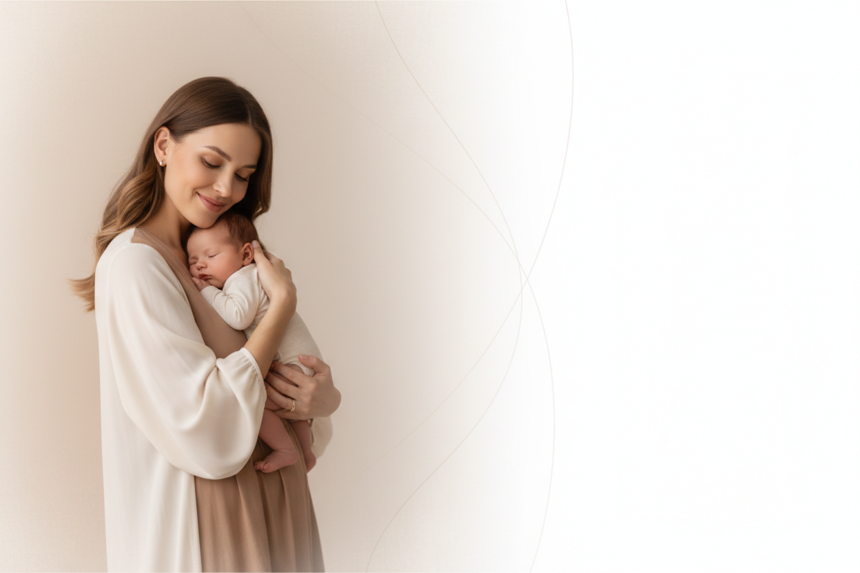 make a background, hero page, ladn page, with a neutral beige, and a really cool mdoern sleek design of a mom and baby, on 1920 x 900