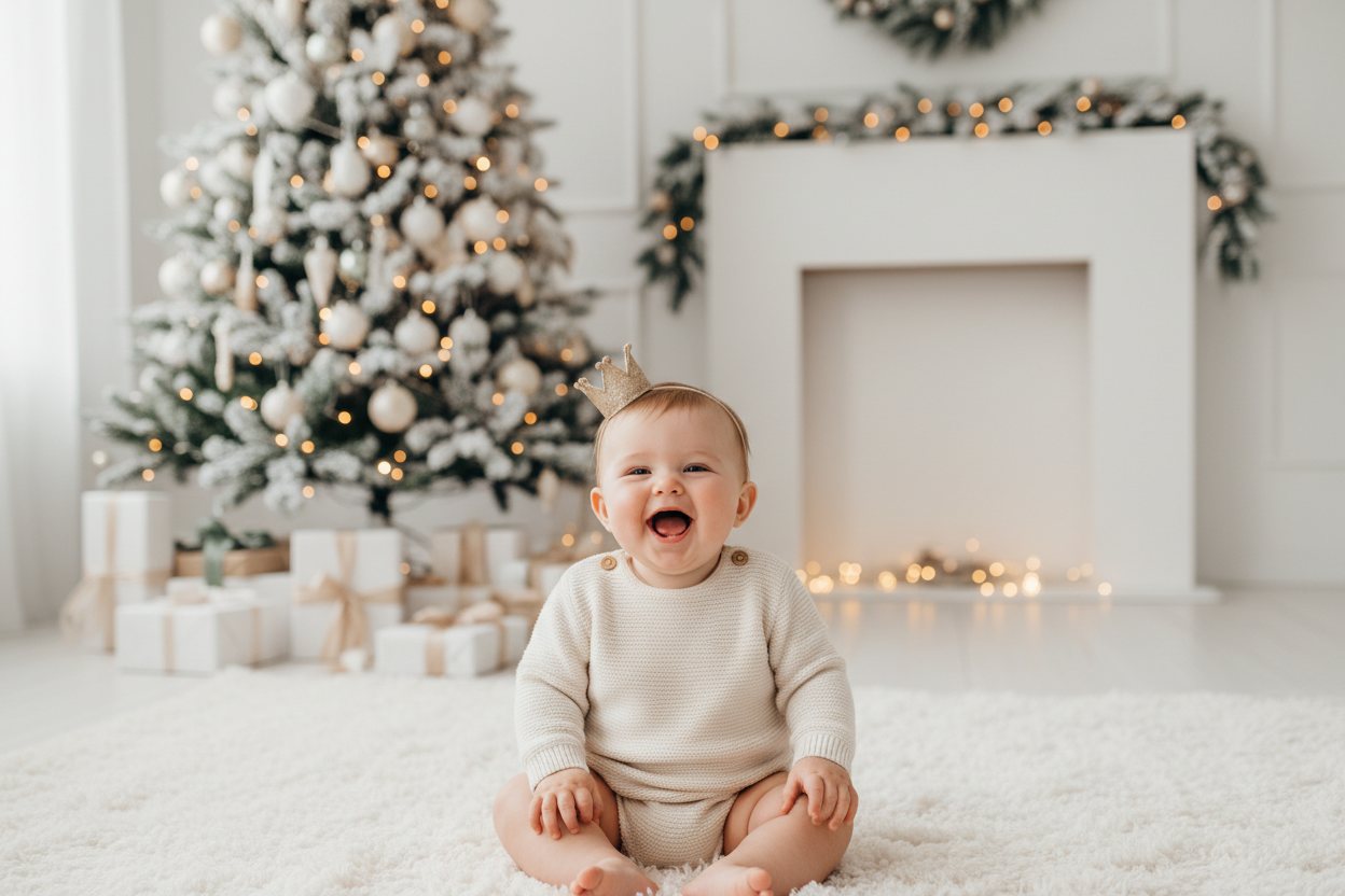 make a really nice modern sleek, christmasy land page, hero image, of baby laughing or smiling, with a christmas tree/gifts/ etc behind the baby, 1920 x 900