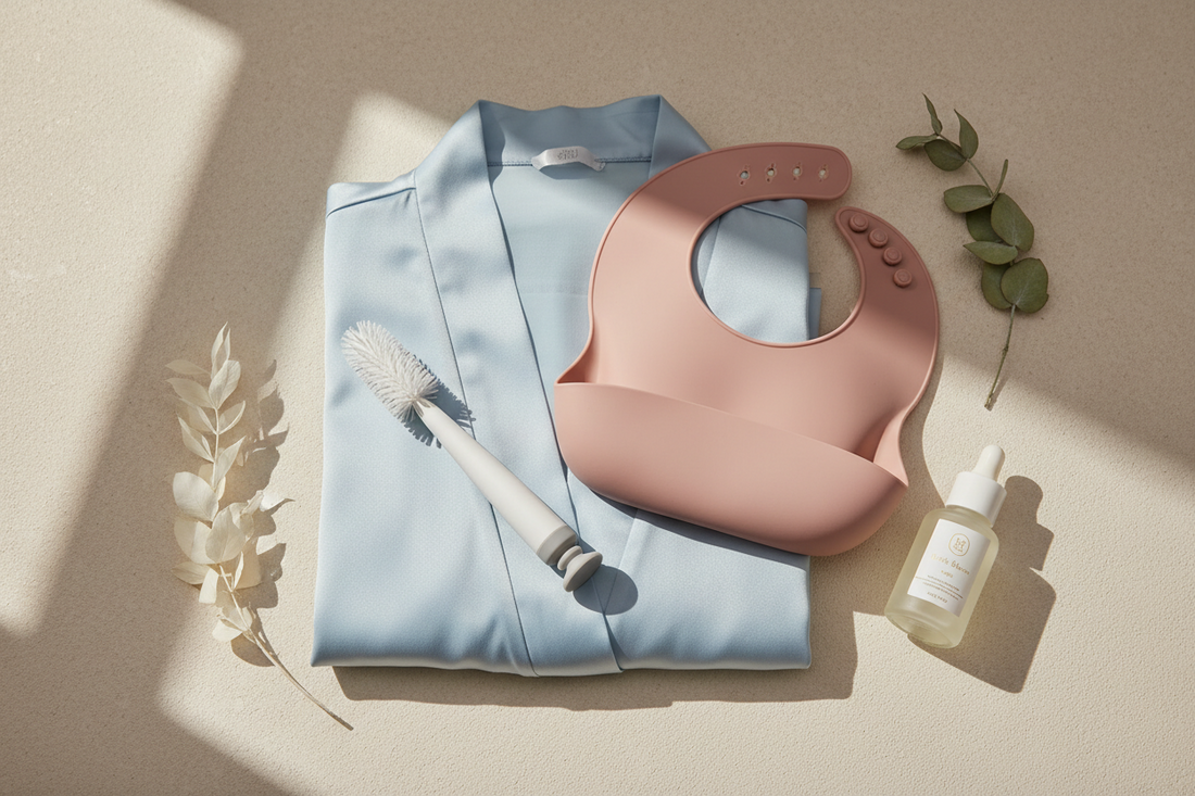 Unique baby shower gift ideas for moms including electric bottle brush and ergonomic baby carrier.