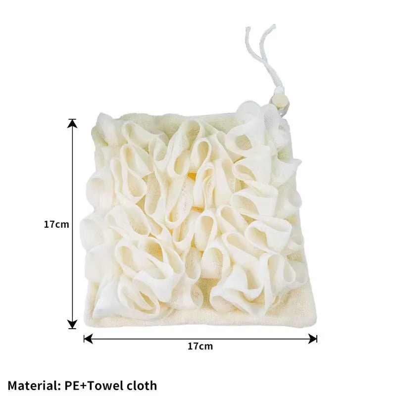 Soft Exfoliating 2-In-1 Bath Loofah - Bath Ball Towel + Drawstring Soap Closure, Reusable Mesh Shower Sponge for Skin Care