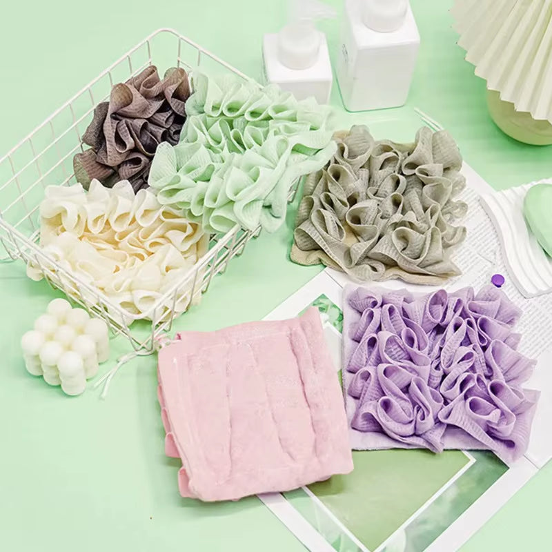 Soft Exfoliating 2-In-1 Bath Loofah - Bath Ball Towel + Drawstring Soap Closure, Reusable Mesh Shower Sponge for Skin Care