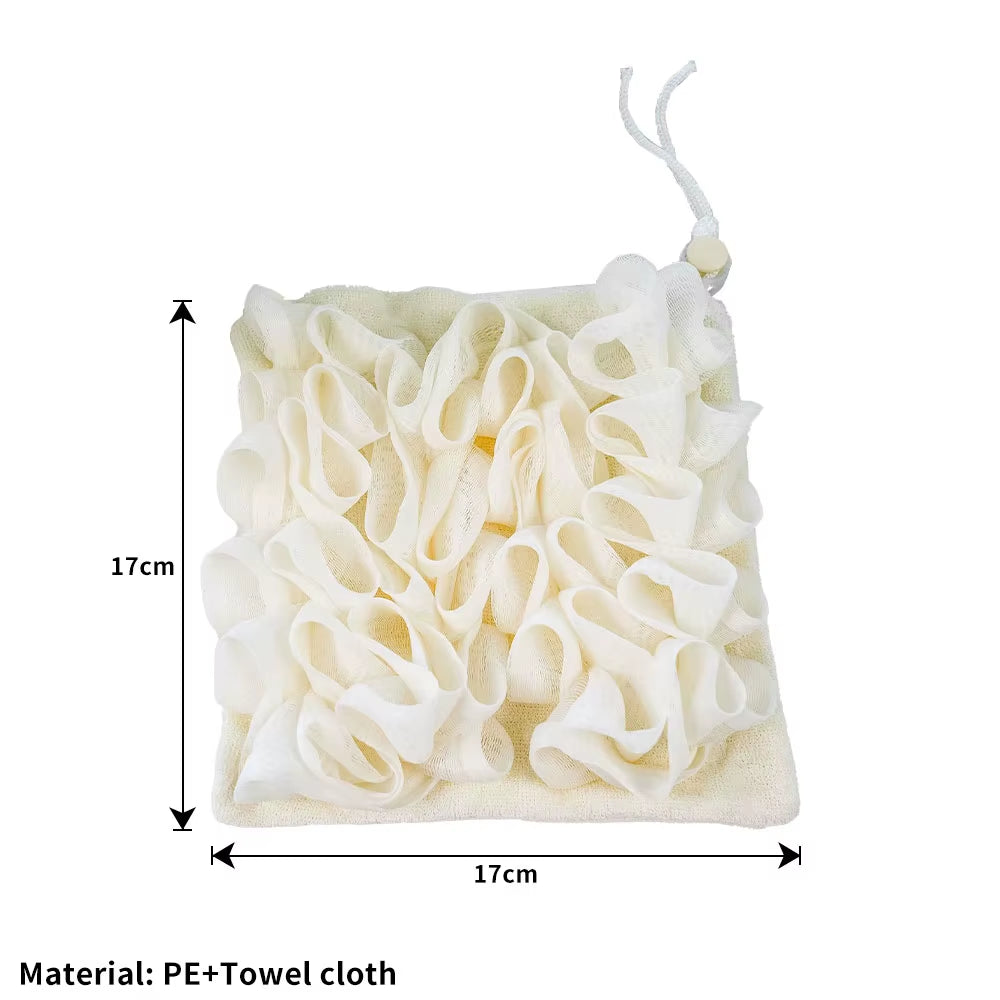 Soft Exfoliating 2-In-1 Bath Loofah - Bath Ball Towel + Drawstring Soap Closure, Reusable Mesh Shower Sponge for Skin Care