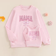 Autumn Family Matching Kids Girls Sweatshirt Long Sleeve Letter Bow Print Pullover Mom Pink Fall Clothes