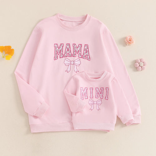 Autumn Family Matching Kids Girls Sweatshirt Long Sleeve Letter Bow Print Pullover Mom Pink Fall Clothes