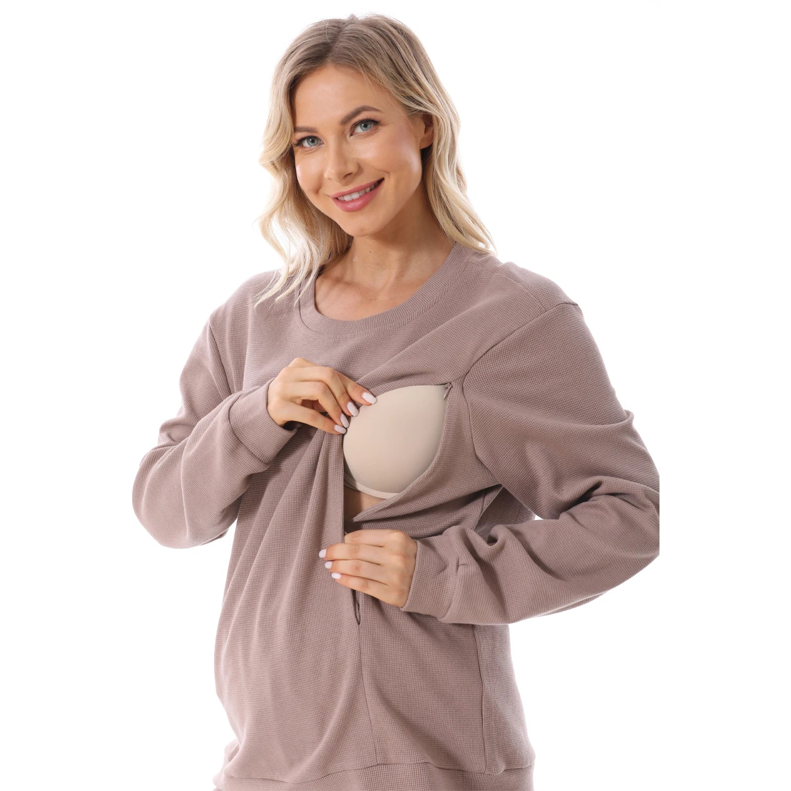 2025 New Maternity Clothes Wear Set Waffle Breastfeeding Sweater Hoodies Pregnancy Casual Tops for Pregnant Women Autumn Winter