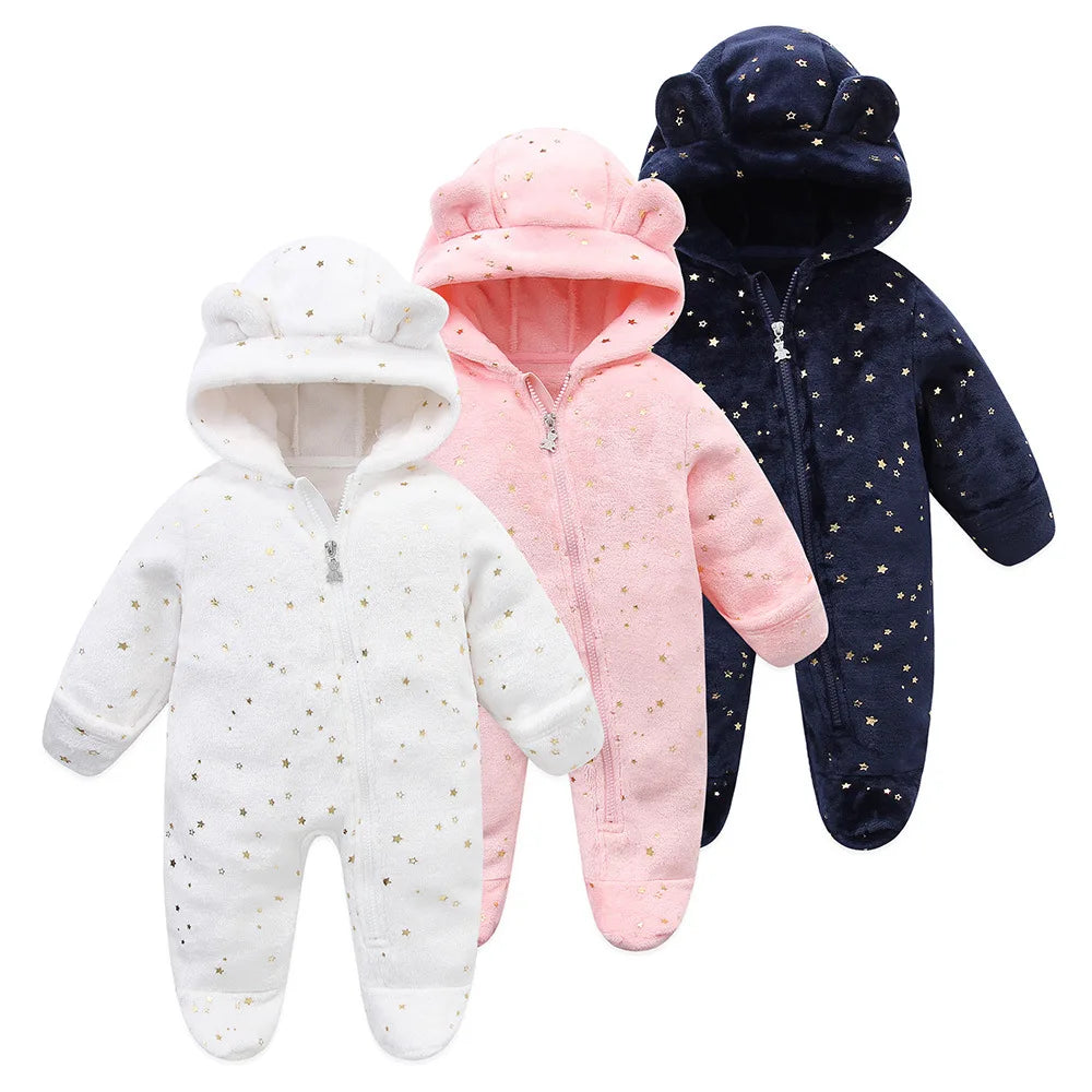 2025 Autumn Winter Newborn Baby Overalls plus Velvet Hooded Kids Baby Girl Rompers 0-1 Years Toddler Boy Jumpsuit Outfits