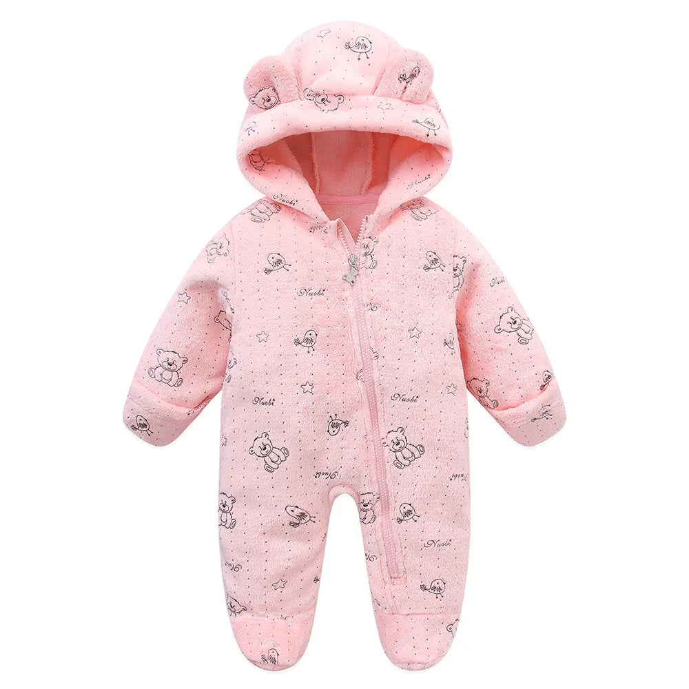 2025 Autumn Winter Newborn Baby Overalls plus Velvet Hooded Kids Baby Girl Rompers 0-1 Years Toddler Boy Jumpsuit Outfits