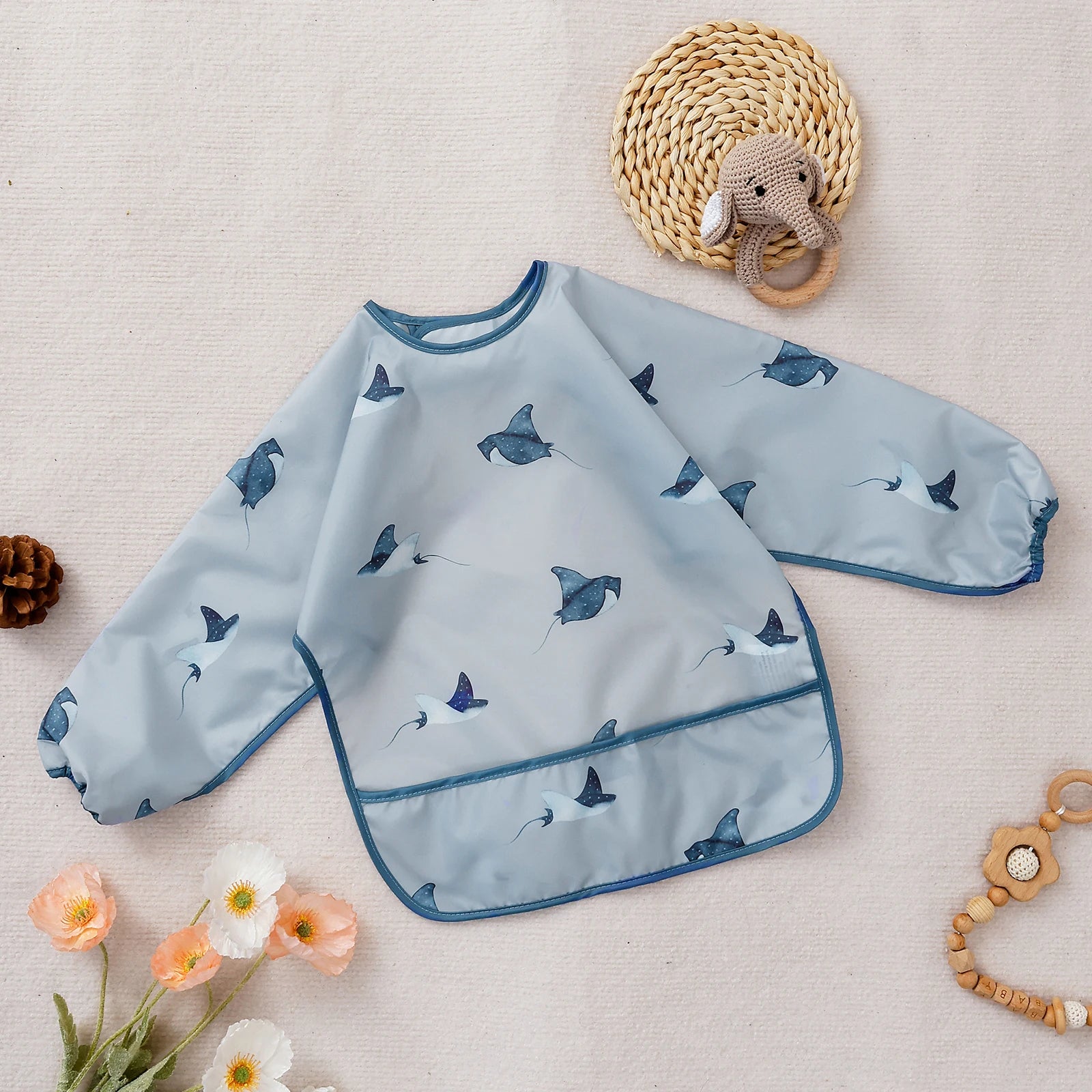 Elinfant 1PC Long Sleeve Bibs, Waterproof Feeding Bibs,Washable Burp Cloth,Coveralls Bibs,Easy to Clean,Wash-Free Eating Bibs