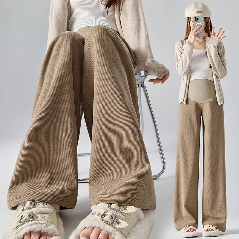 2024 Autumn Winter Maternity Pants Wide Leg Loose Straight Elastic Waist Belly Long Trousers for Pregnant Women Youth Pregnancy