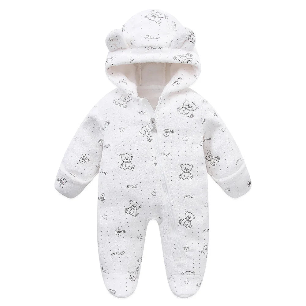 2025 Autumn Winter Newborn Baby Overalls plus Velvet Hooded Kids Baby Girl Rompers 0-1 Years Toddler Boy Jumpsuit Outfits