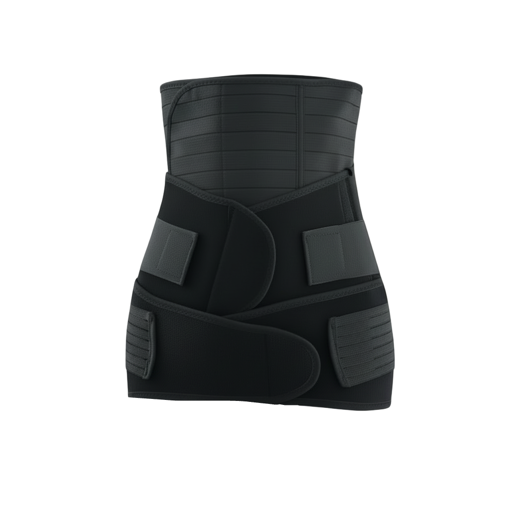 Black body shaper worn by a person with text on postpartum recovery and shaping benefits.