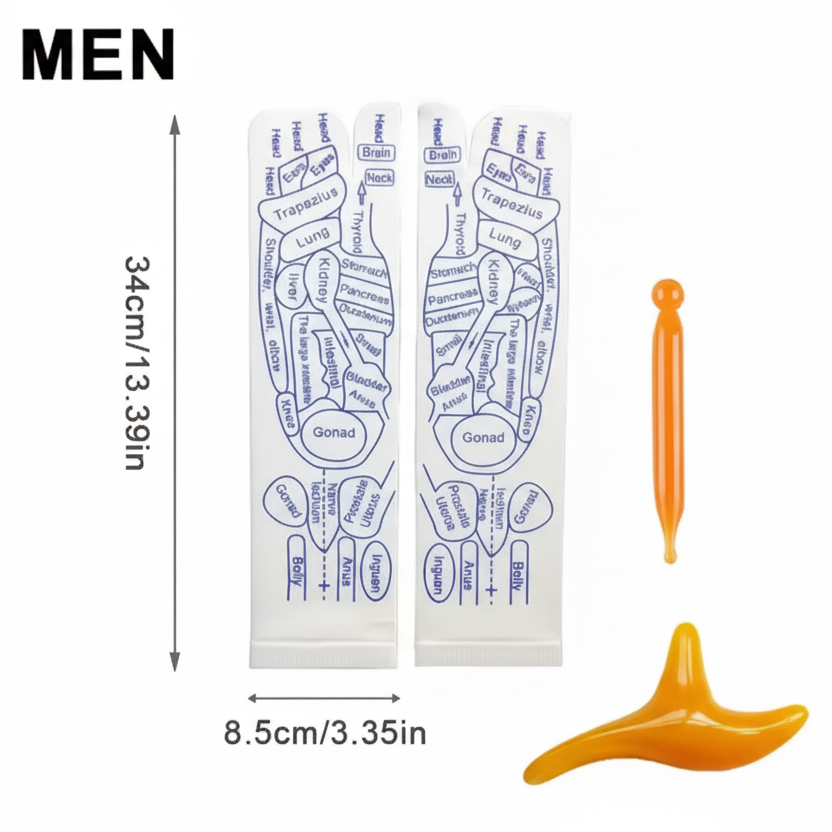 Men's foot measurement chart with corresponding foot-shaped tools on a white background