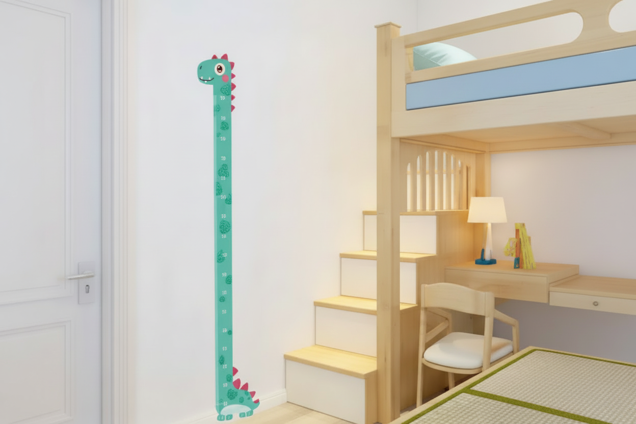 Children's room with a wooden bunk bed and dinosaur-themed growth chart on the wall.