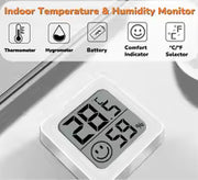 Digital indoor temperature and humidity monitor with display on a white background