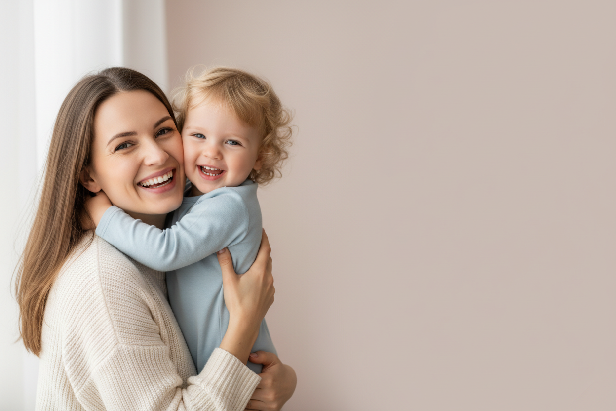 Modern mother holding a newborn baby in a peaceful nursery setting, representing World of Mothers premium postpartum and baby essentials.