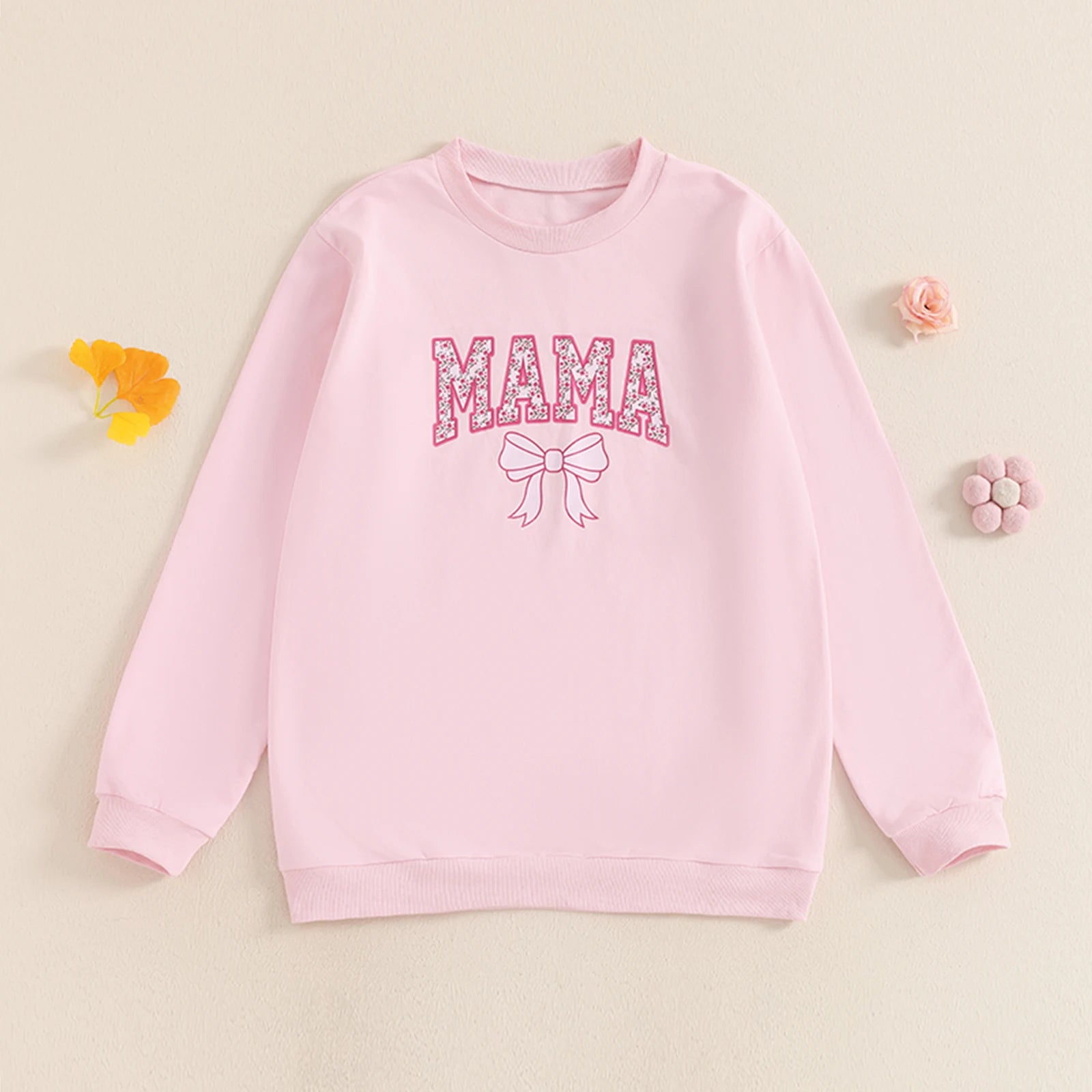 Autumn Family Matching Kids Girls Sweatshirt Long Sleeve Letter Bow Print Pullover Mom Pink Fall Clothes
