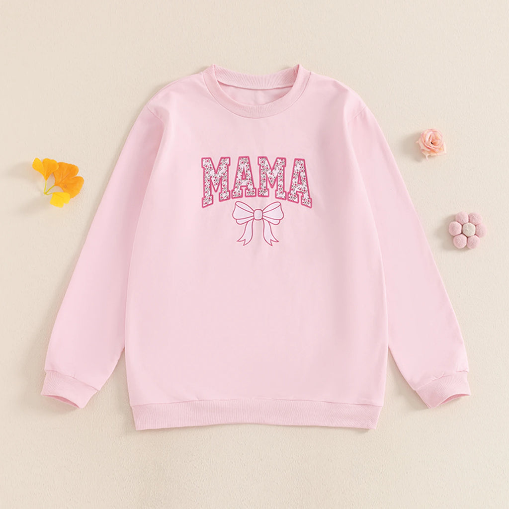 Autumn Family Matching Kids Girls Sweatshirt Long Sleeve Letter Bow Print Pullover Mom Pink Fall Clothes