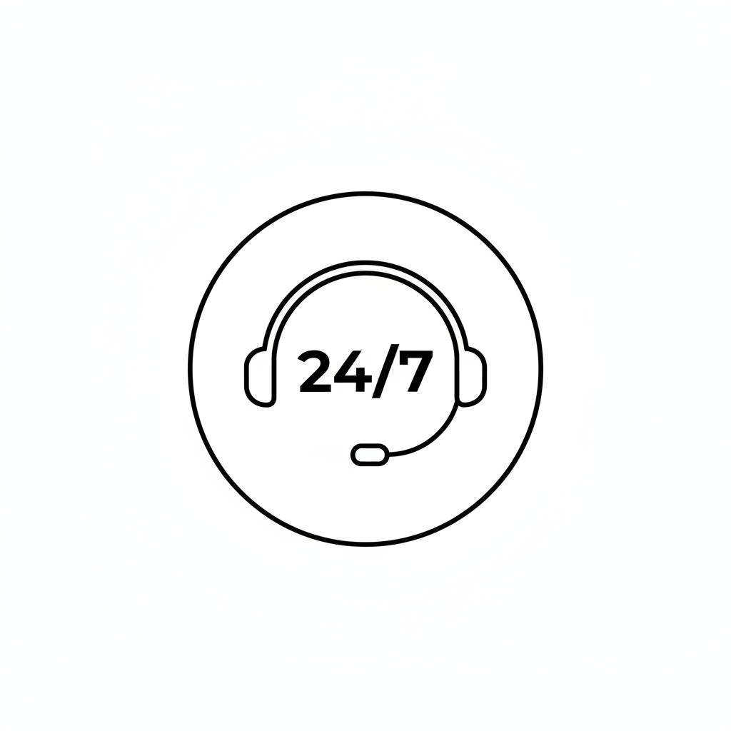 black and white icon for support, 24/7