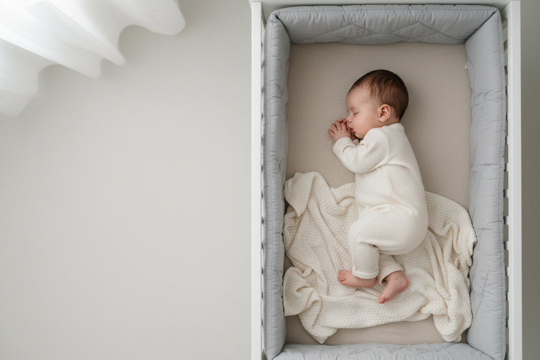 create an image of a baby sleeping in a crib, camera view from the top, showing neutral colours, as black text will be written on the left side 