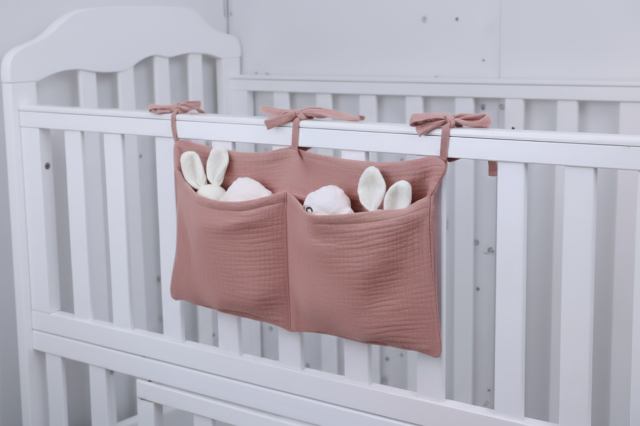 Pink hanging organizer with bunny ears on a white crib