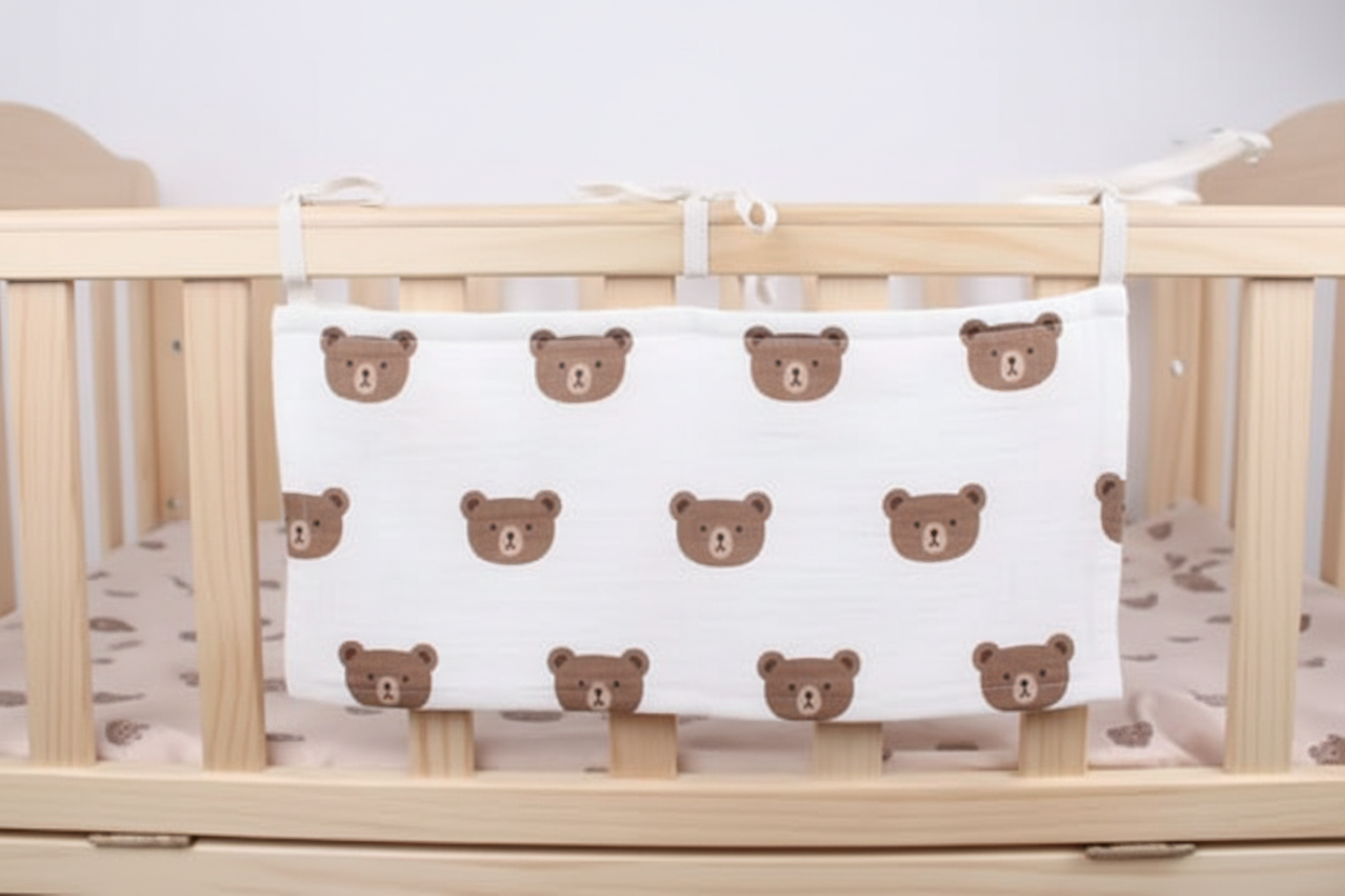 Baby crib with a white blanket featuring brown bear patterns on a light gray background
