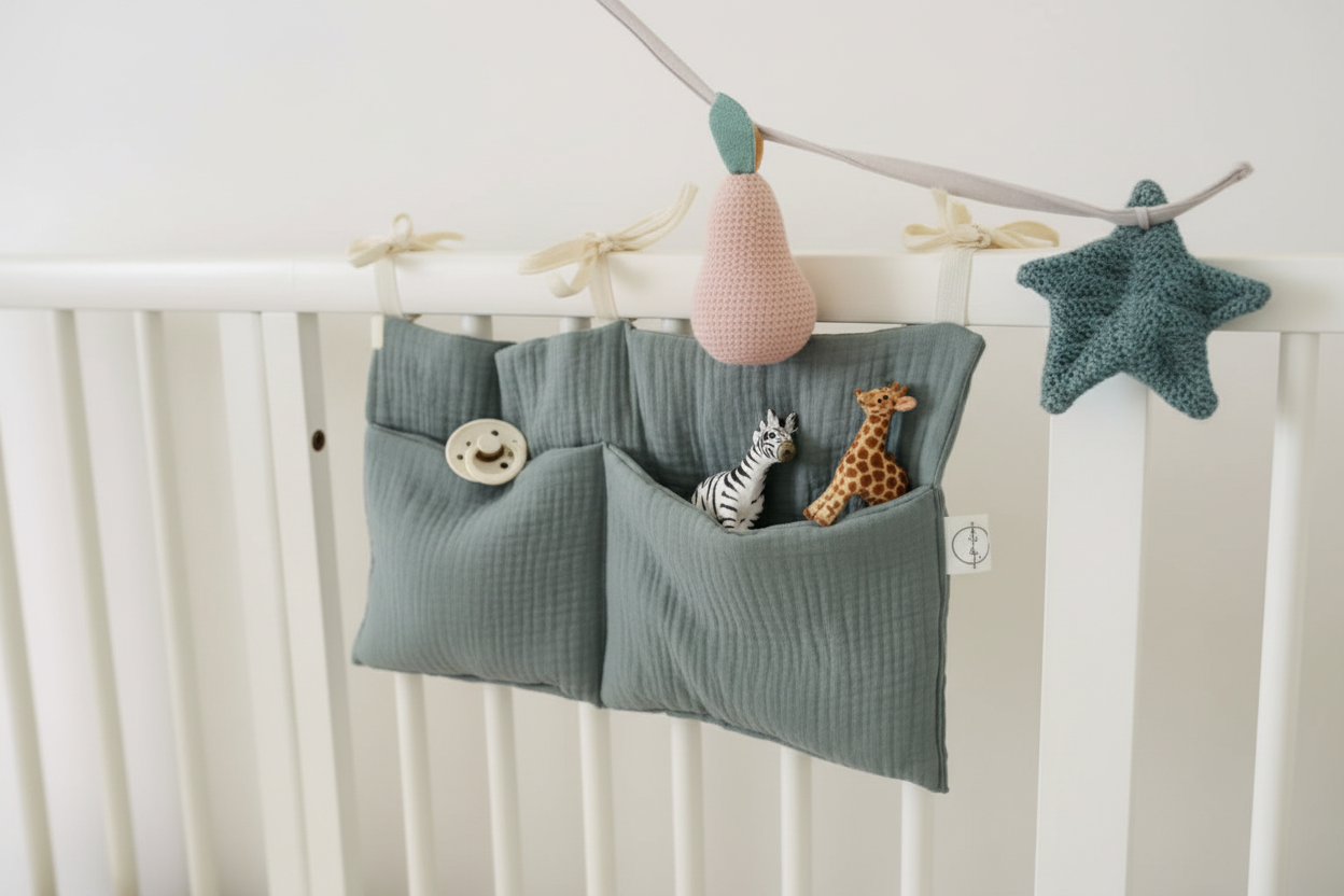 Children's room with a crib, hanging toys, and a green fabric pouch.