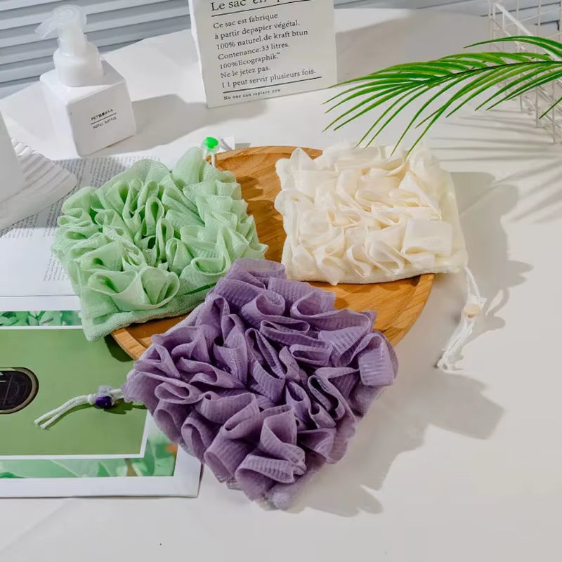 Soft Exfoliating 2-In-1 Bath Loofah - Bath Ball Towel + Drawstring Soap Closure, Reusable Mesh Shower Sponge for Skin Care