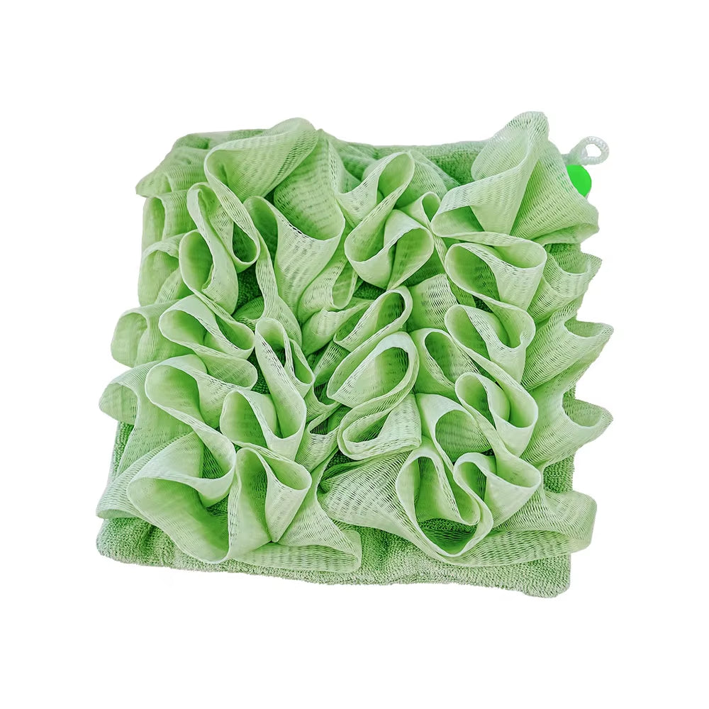 Soft Exfoliating 2-In-1 Bath Loofah - Bath Ball Towel + Drawstring Soap Closure, Reusable Mesh Shower Sponge for Skin Care