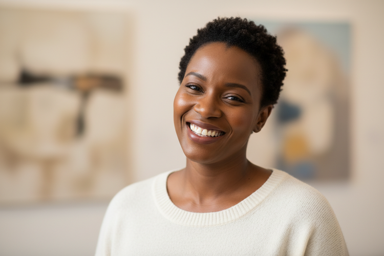 generate a real looking human picture, black women smiling, dont zoom in too much