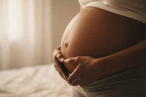 give me a image, with a pregnant women stomach close up, black women