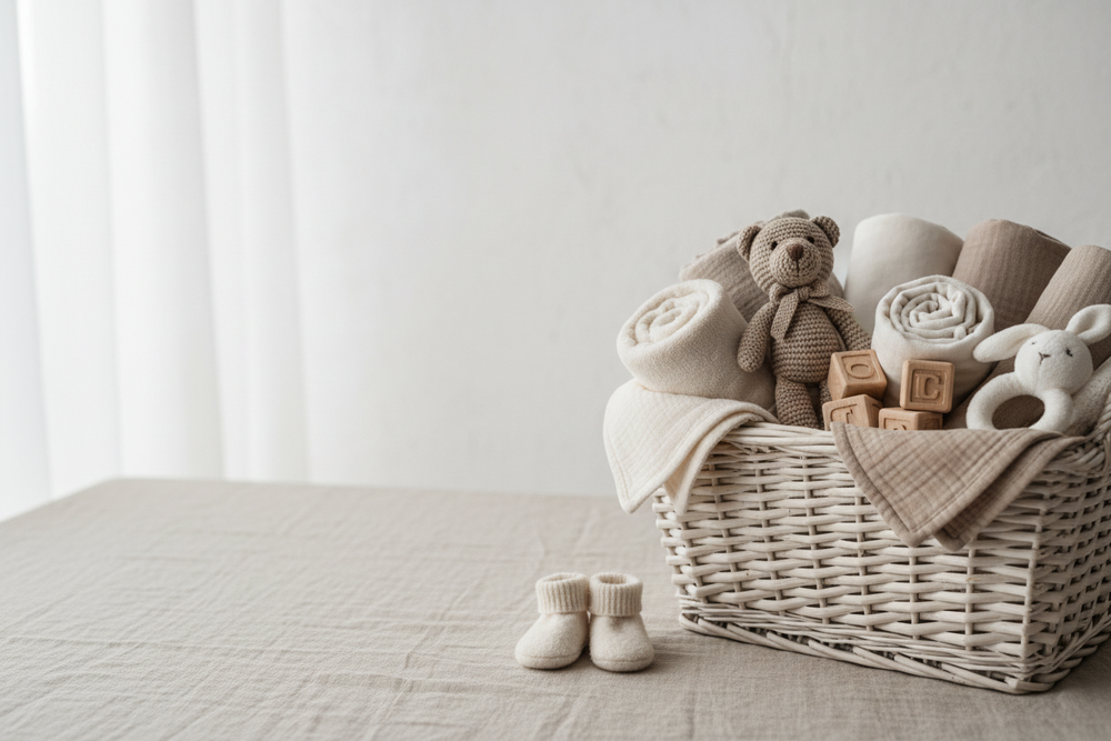 make a background image, with neutral colours, for a baby shower basket kind of image. writing will be on the left, so put it towards on the right