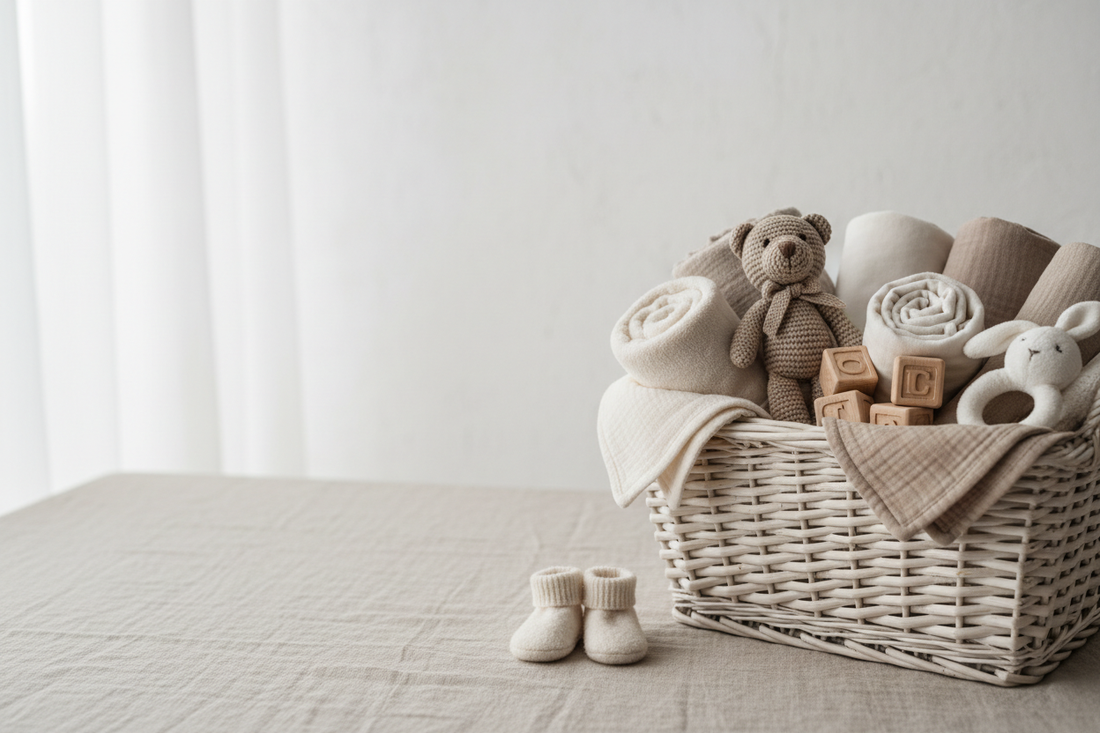 make a background image, with neutral colours, for a baby shower basket kind of image. writing will be on the left, so put it towards on the right