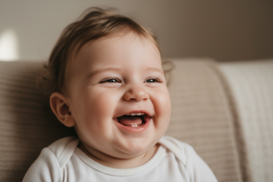no generate a picture of a laughing baby, clos eup, cute , and neutral colours behind, make sure its a close up