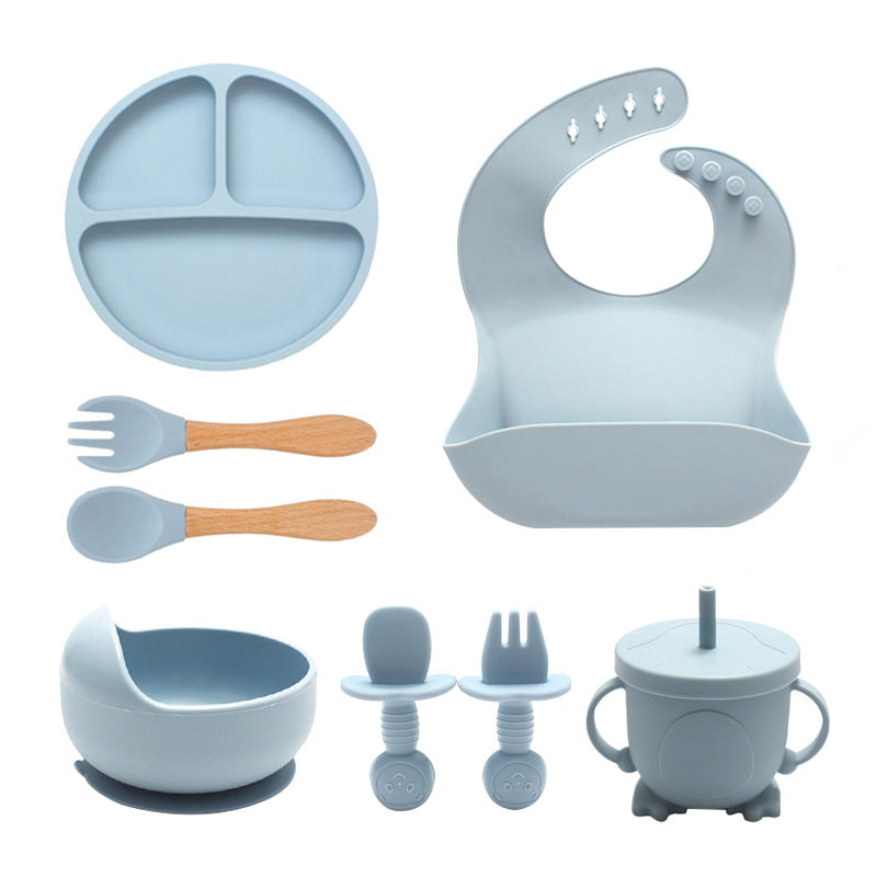 8-Piece Food Grade Silicone Baby Feeding Set – Bib, Suction Plate & Bowl, Training Cup, Spoon and Fork