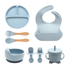 Load image into Gallery viewer, 8-Piece Food Grade Silicone Baby Feeding Set – Bib, Suction Plate &amp; Bowl, Training Cup, Spoon and Fork