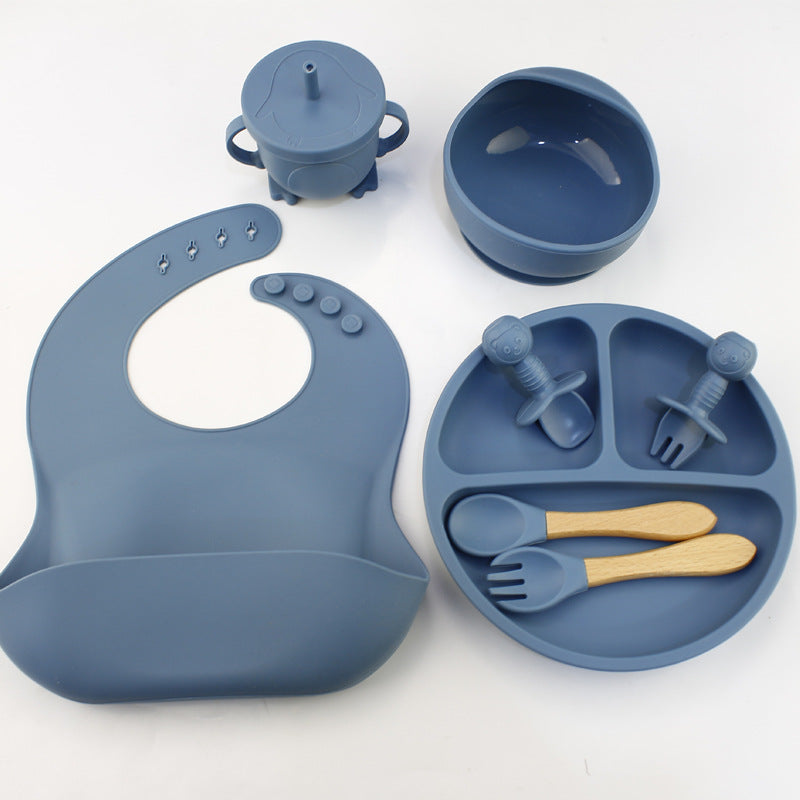 8-Piece Food Grade Silicone Baby Feeding Set – Bib, Suction Plate & Bowl, Training Cup, Spoon and Fork