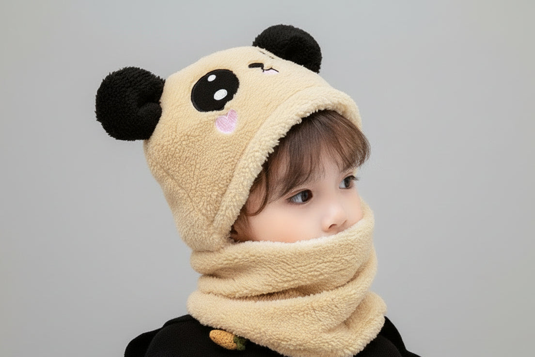 Child wearing a beige cartoon character hat and scarf on a white background